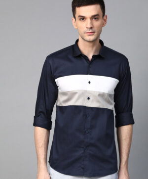 Men Navy Blue & White Slim Fit Striped Casual Shirt