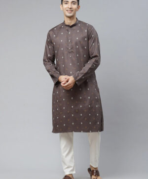 Men Grey Geometric Thread Work Kurta