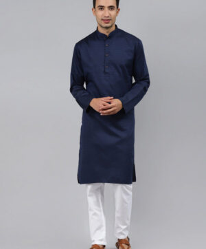 Men Navy Blue Striped Thread Work Kurta