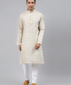 Men Beige Thread Work Kurta