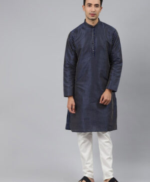 Men Navy Blue Striped Kurta