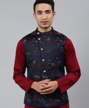 Men Blue Woven Jaquard Silk Nehru Jacket