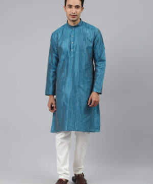 Men Blue Striped Thread Work Kurta