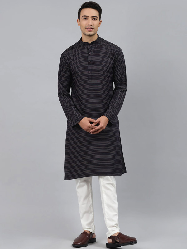 Men Navy Blue Thread Work Kurta – ManQ