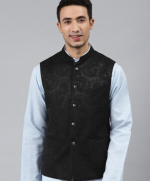 Men Black Woven Jaquard Silk Nehru Jacket