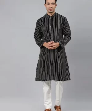 Men Black And White Striped Mandarin Collar Straight Kurta