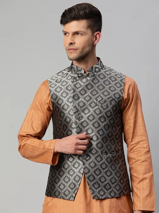 Men Charcoal Grey & Gold Ethnic Motifs Jaquard Woven Design Nehru ...