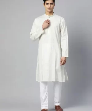 Men Cream-Coloured & Gold-Toned Striped Kurta