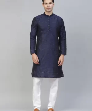 Men Navy Blue Kurta with Pyjamas