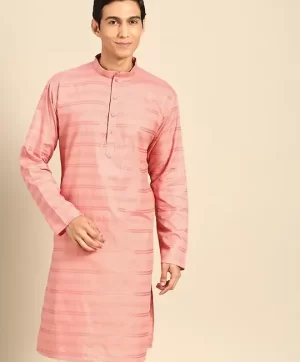 Striped Printed Band Collar Long Sleeve Straight Cotton Kurta