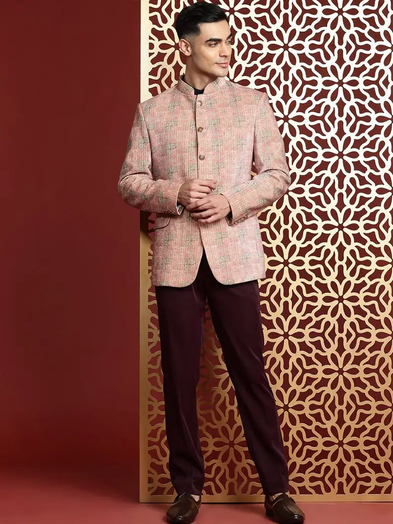 Ethnic Motif Printed & Sequined Velvet Slim-Fit Bandhgala Blazer - Image 2
