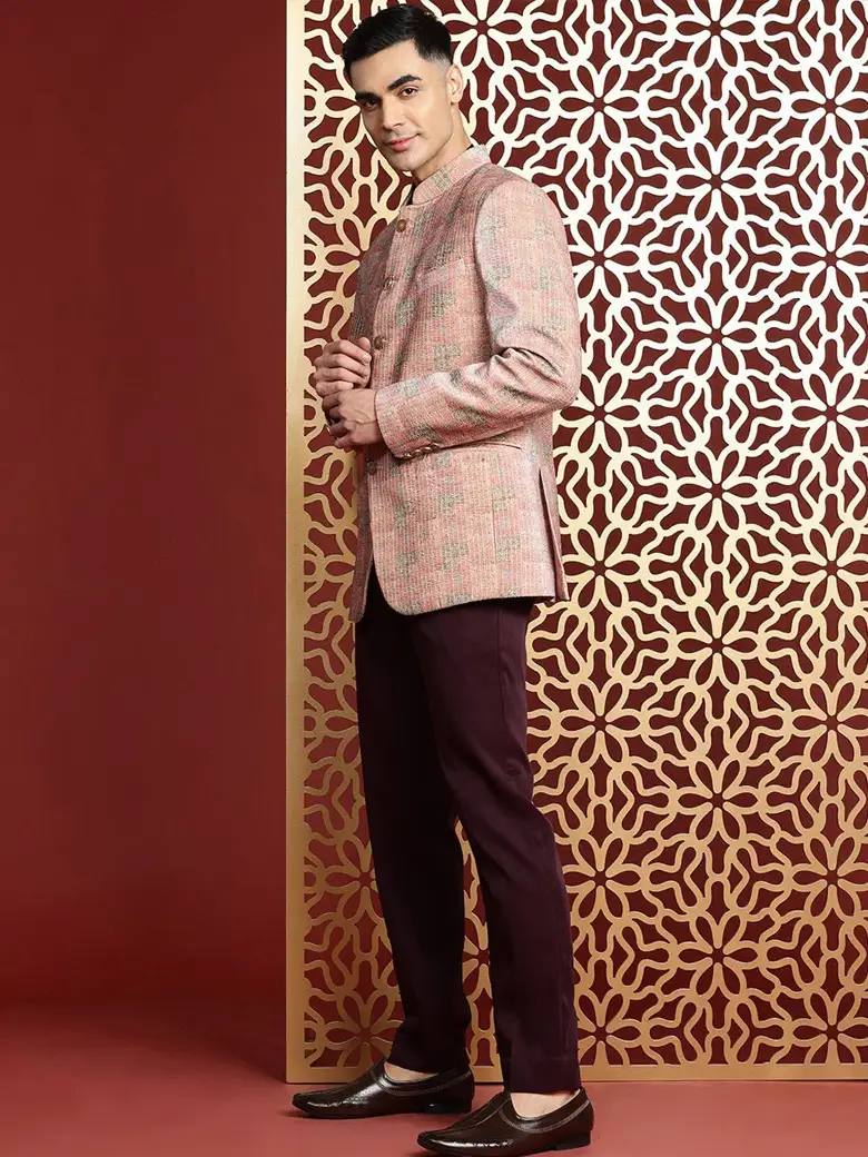 Ethnic Motif Printed & Sequined Velvet Slim-Fit Bandhgala Blazer - Image 3
