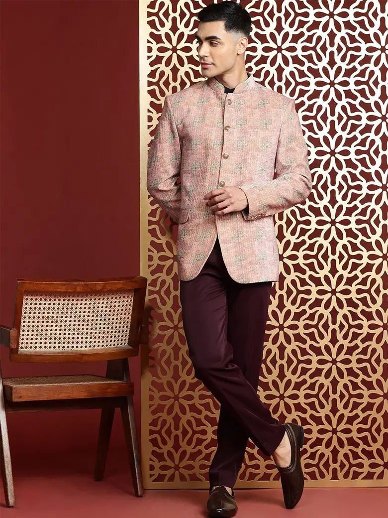 Ethnic Motif Printed & Sequined Velvet Slim-Fit Bandhgala Blazer