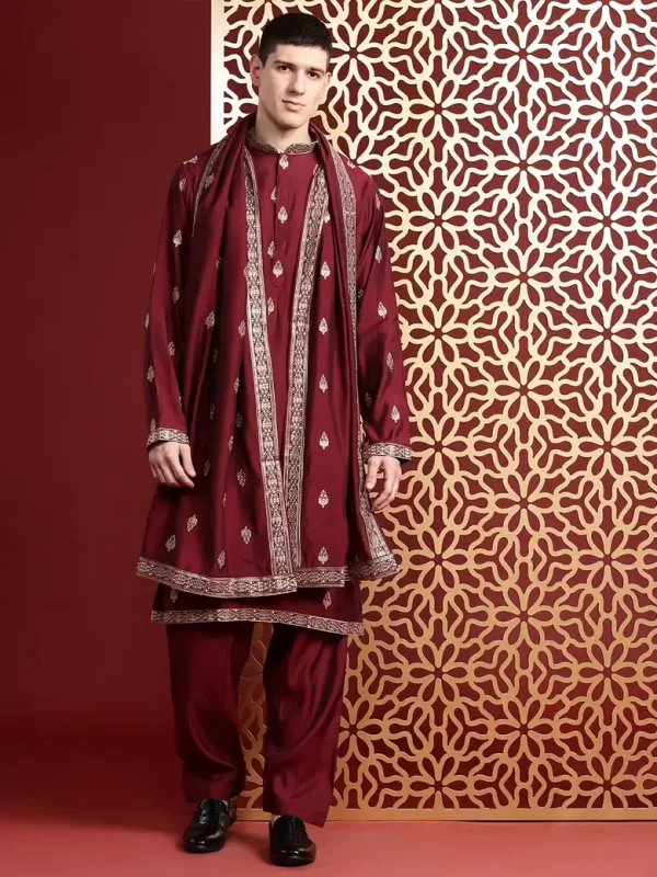 Ethnic Motifs Embroidered Sequinned Pure Cotton Kurta with Salwar & With Dupatta