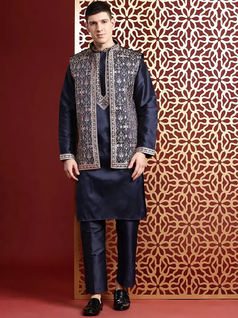 Ethnic Motifs Embroidered Sequinned Pure Cotton Kurta with Trousers