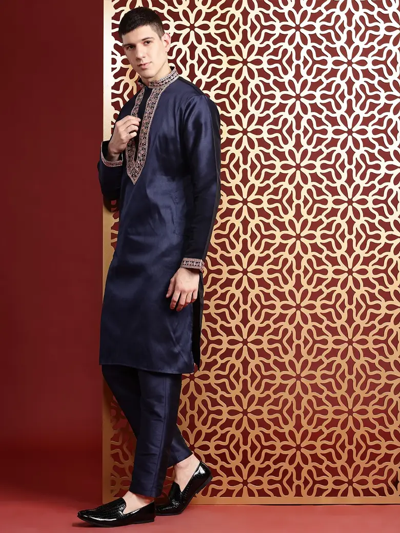 Ethnic Motifs Embroidered Sequinned Pure Cotton Kurta with Trousers - Image 2