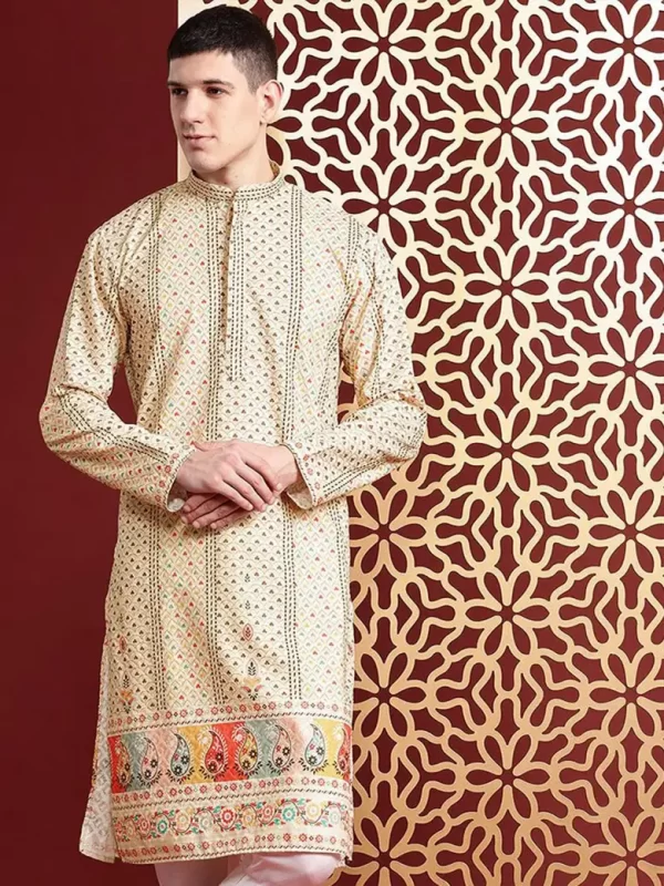 Geometric Printed Mandarin Collar Thread Work Straight Kurta
