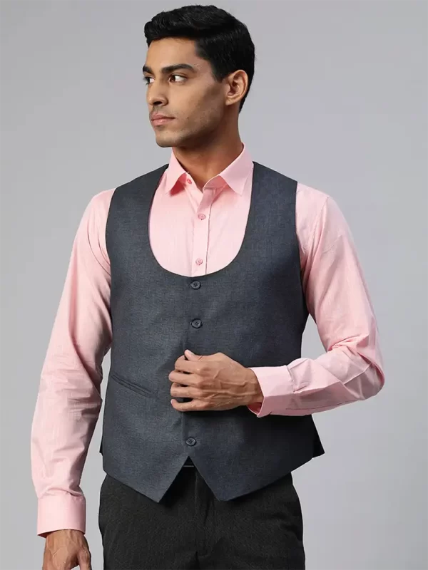 ManQ Men Navy Blue Checked Slim Fit Formal Waistcoat