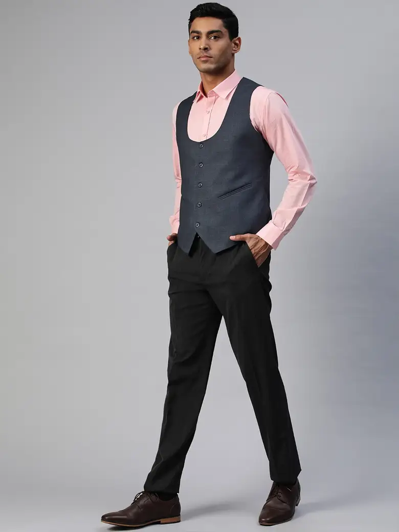 ManQ Men Navy Blue Checked Slim Fit Formal Waistcoat - Image 3
