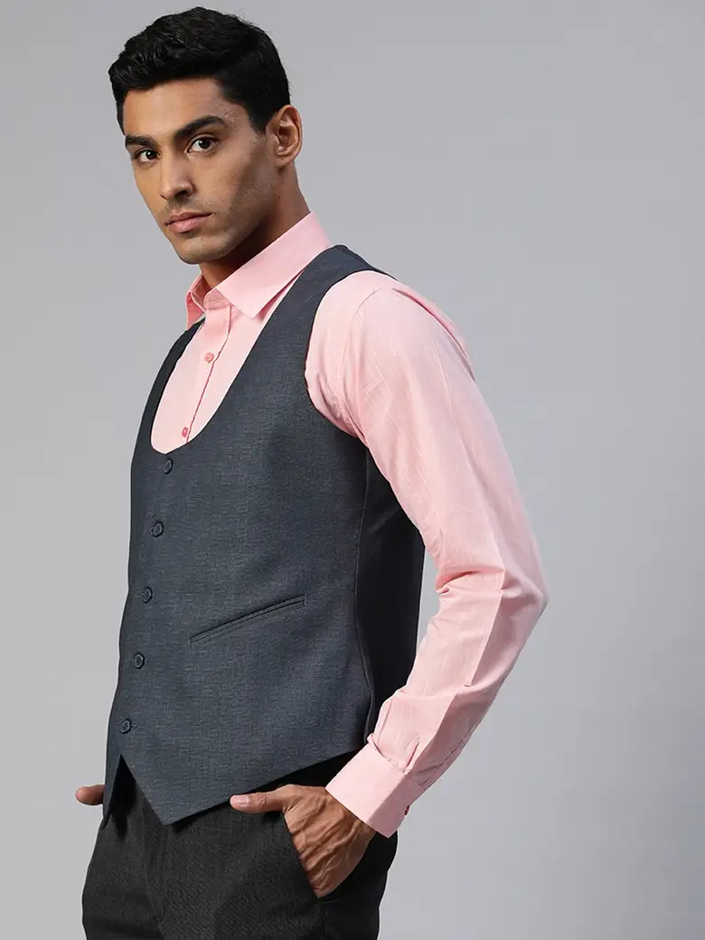 ManQ Men Navy Blue Checked Slim Fit Formal Waistcoat - Image 4