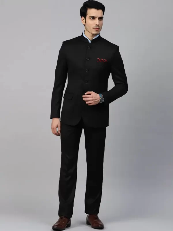 Men Black Solid Slim Fit Bandhgala Suit