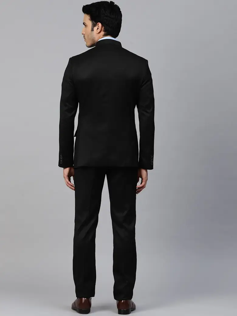 Men Black Solid Slim Fit Bandhgala Suit - Image 3