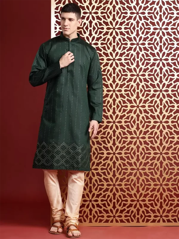 Men Embroidered Sequinned Pure Cotton Kurta with Churidar