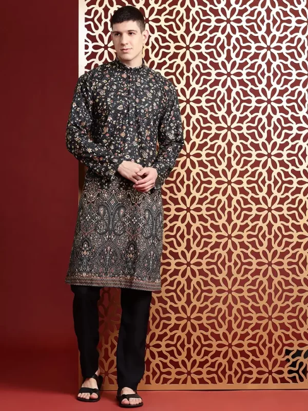 Men Ethnic Motifs Printed Regular Thread Work Pure Cotton Kurta with Trousers