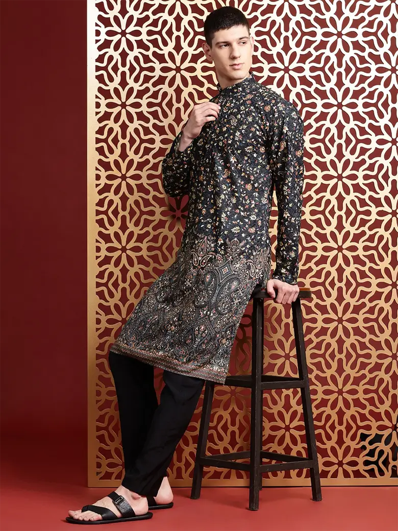 Men Ethnic Motifs Printed Regular Thread Work Pure Cotton Kurta with Trousers - Image 4