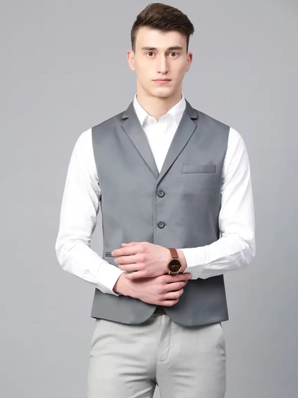 Men Grey Solid Slim Fit Woven Formal Waistcoat