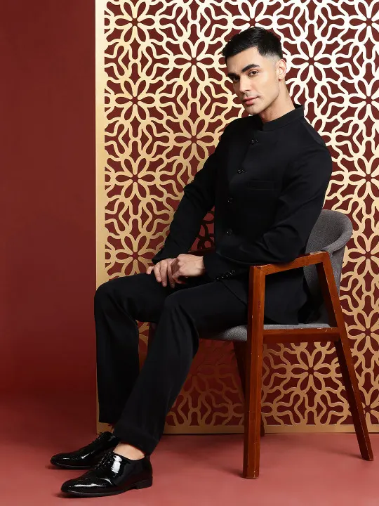 Men Slim Fit Black Bandhgala Suit - Image 2