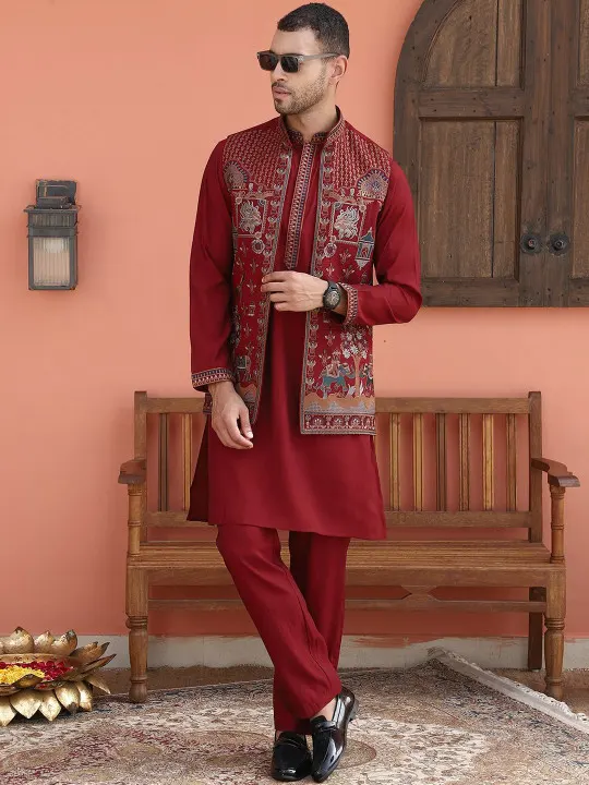 Embroidered Mandarin Collar Straight Thread Work Kurta With Trousers And Nehru Jacket