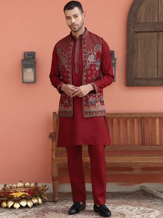 Embroidered Mandarin Collar Straight Thread Work Kurta With Trousers And Nehru Jacket - Image 2