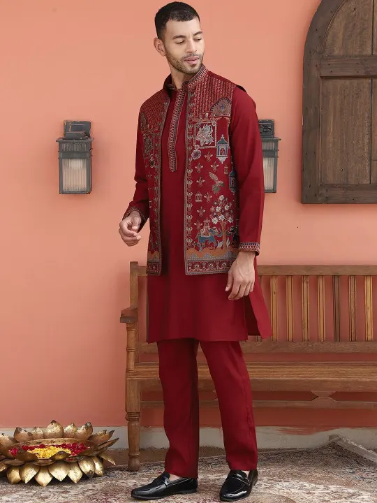 Embroidered Mandarin Collar Straight Thread Work Kurta With Trousers And Nehru Jacket - Image 3