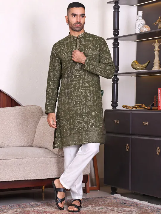 Ethnic Motifs Embroidered Mandarin Collar Georgette Kurta with Trousers - Image 2