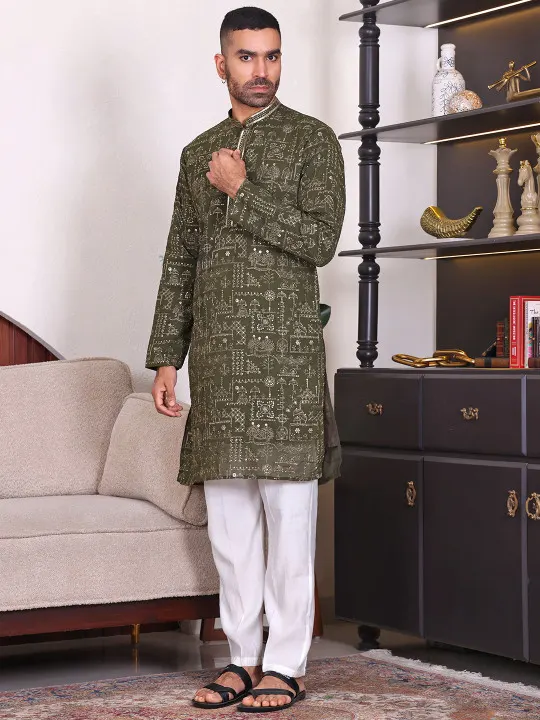 Ethnic Motifs Embroidered Mandarin Collar Georgette Kurta with Trousers - Image 3