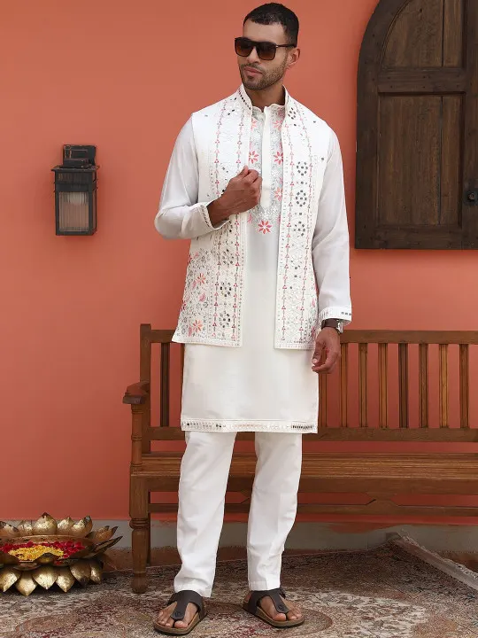 Ethnic Motifs Embroidered Mirror Work Kurta With Trousers & Nehru Jacket