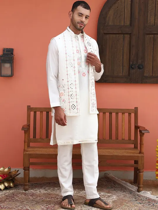 Ethnic Motifs Embroidered Mirror Work Kurta With Trousers & Nehru Jacket - Image 2