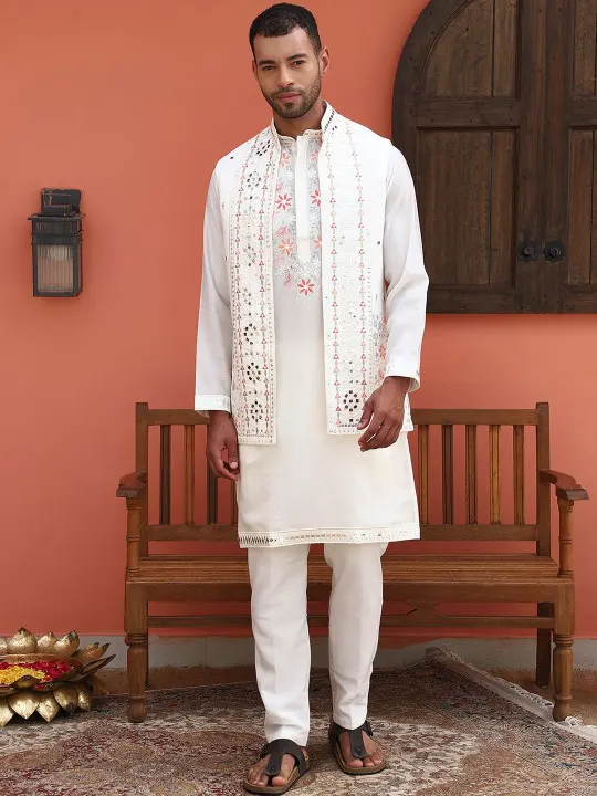 Ethnic Motifs Embroidered Mirror Work Kurta With Trousers & Nehru Jacket - Image 3