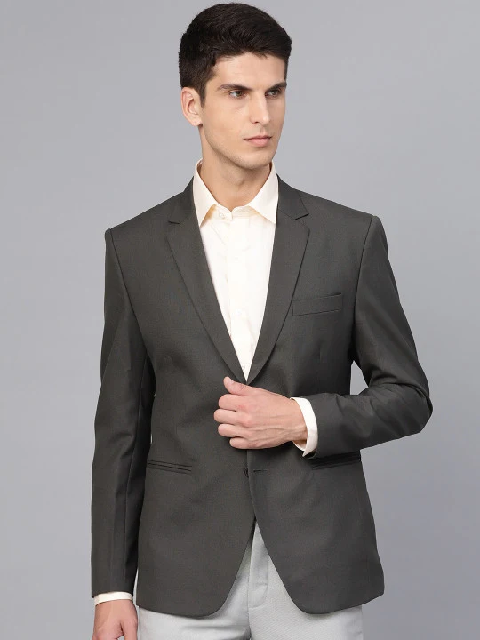 Grey Solid Slim Fit Single-Breasted Formal Blazer