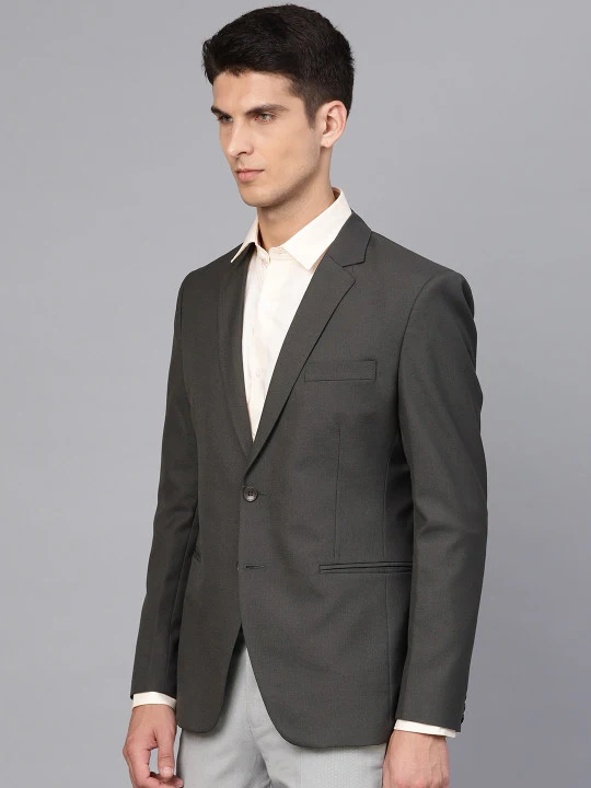 Grey Solid Slim Fit Single-Breasted Formal Blazer - Image 3