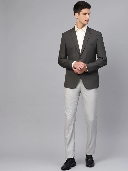 Grey Solid Slim Fit Single-Breasted Formal Blazer - Image 4