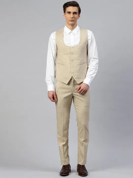 ManQ Men Beige Self Checked 2-Piece Slim Fit Formal Suit