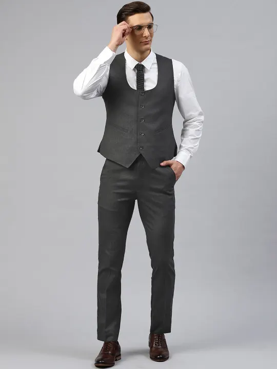 ManQ Men Charcoal Grey Self Checked 2-Piece Slim Fit Formal Suit