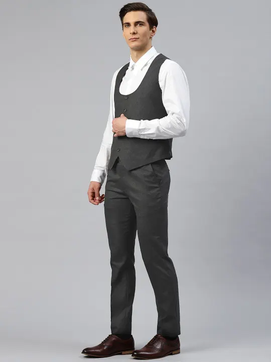 ManQ Men Charcoal Grey Self Checked 2-Piece Slim Fit Formal Suit - Image 2
