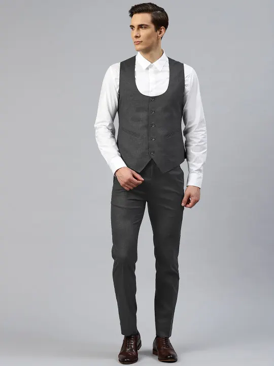 ManQ Men Charcoal Grey Self Checked 2-Piece Slim Fit Formal Suit - Image 3