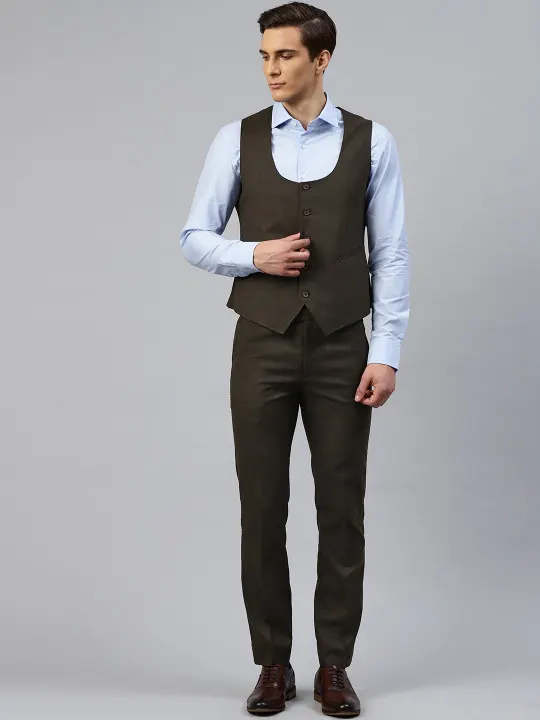 ManQ Men Coffee Brown Self Checked 2-Piece Slim Fit Formal Suit