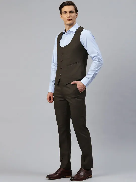 ManQ Men Coffee Brown Self Checked 2-Piece Slim Fit Formal Suit - Image 2