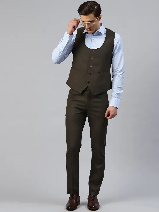 ManQ Men Coffee Brown Self Checked 2-Piece Slim Fit Formal Suit - Image 3