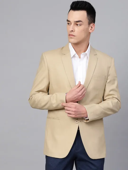 Men Beige Slim Fit Solid Single-Breasted Formal Blazer